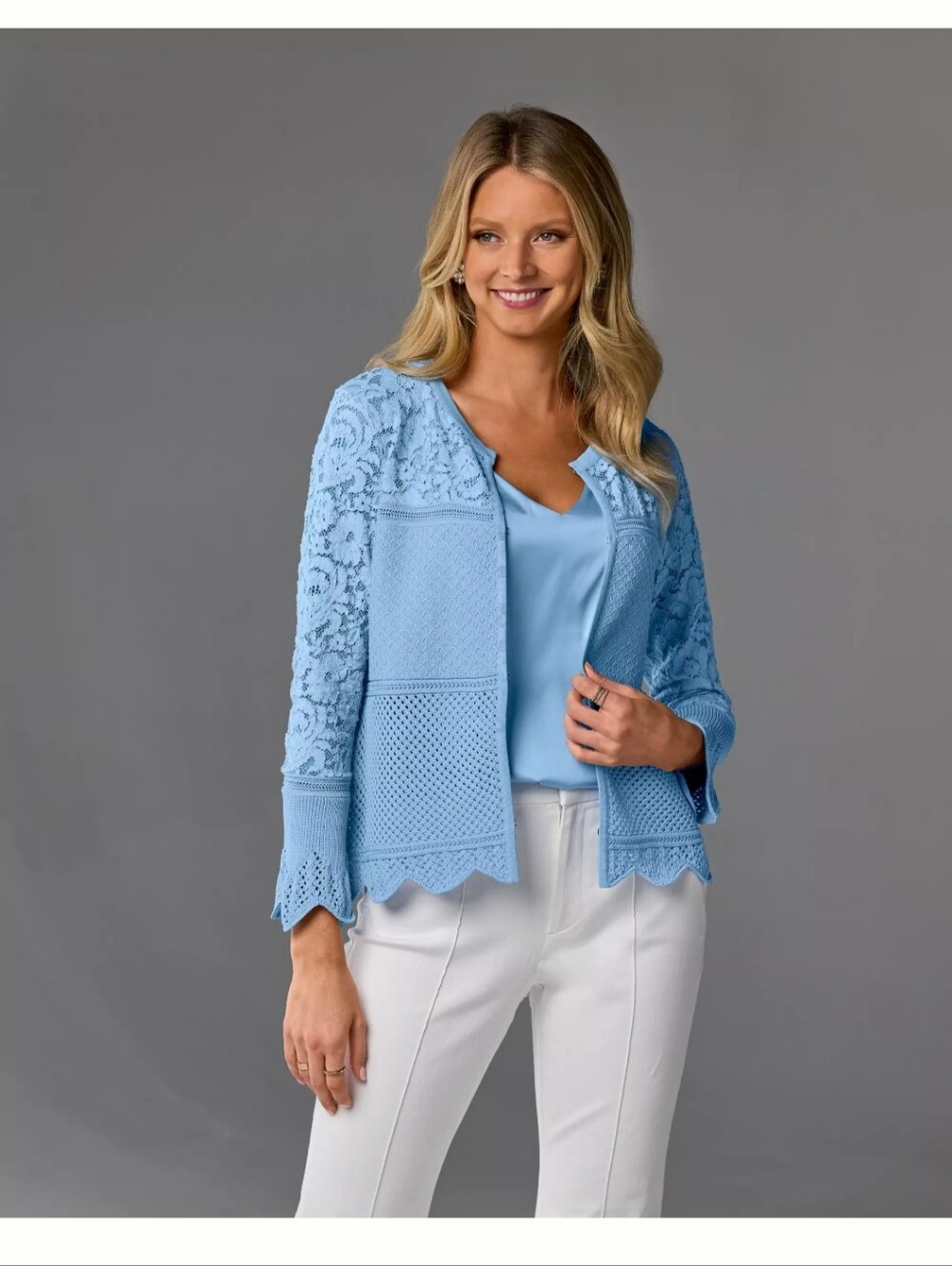 Boston Proper XL Cardigan Sky Blue Sweater Lace Bell Sleeves Crochet Coastal